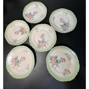 P.K. Silesia Antique 1920s Green Rim Floral Dessert Plates Set of 6 6.5”